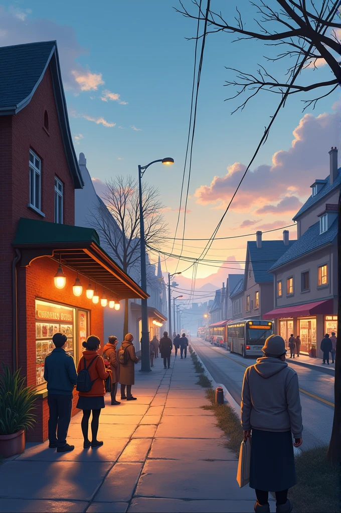 A bus station in a small town, early morning with a few passengers waiting for the bus