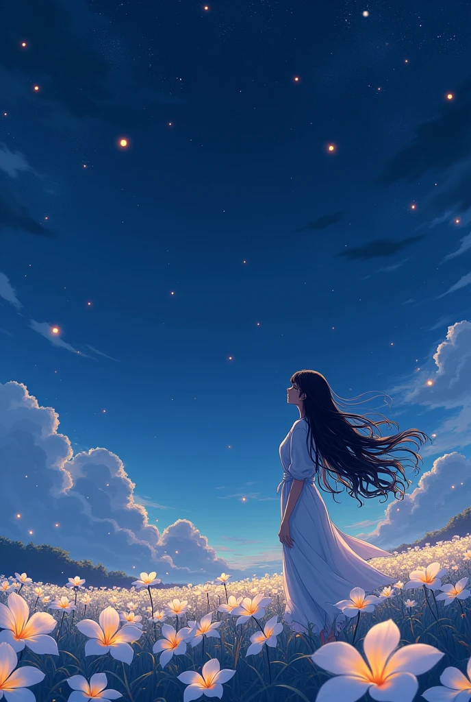woman standing while looking back in the middle of white plumeria field during the night, fireflies, beautiful anime, long black wavy hair