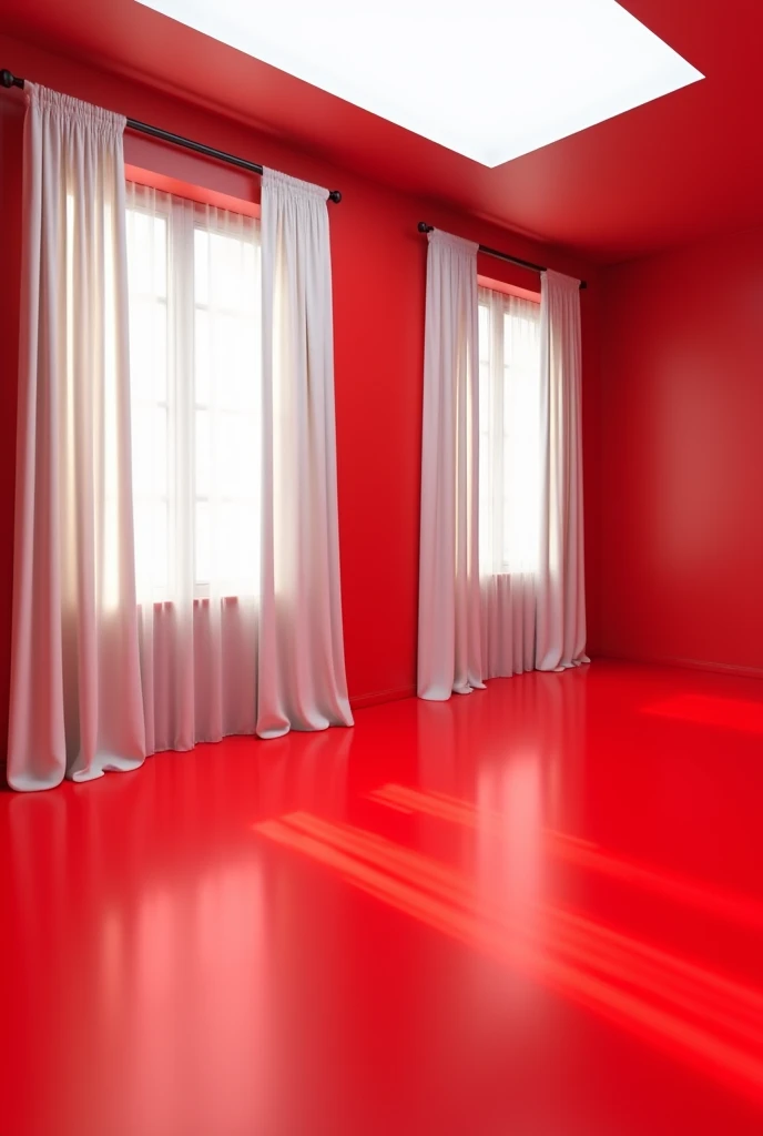 Room with red floor, windows with white curtains and white ceiling
. paredes color rouge vif