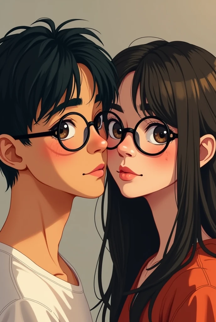 Show me a picture of a  couple where the boy is dark-skinned with straight hair down with a fate rug cut that reaches his ears and one in the part the pills, He has bangs that cover his forehead which is straight and his hair is short,with black semi-square glasses semi-small eyes, He has a line on his eyebrow and the girl is darker but only one shade lighter than him., but it is not white, with long semi-wavy hair a little shorter than him, she wears transparent semi-circular glasses at the bottom and semi-square glasses at the top, the girl doesn&#39;t wear bangs, He has a mole on the right side above his mouth., They are both thin with dark brown eyes 
