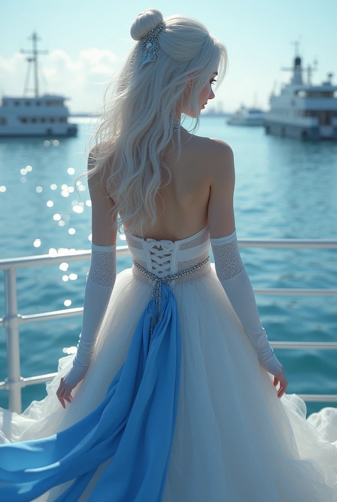 ((best quality)), ((masterpiece)), ((1girl)), solo, Ferry, ((long hair)), FerryBase, ((thighhighs)), bare shoulders, ((jewelry)), ((sleeveless)), white dress, blue skirt, ((gloves)), thigh-high, from behind.