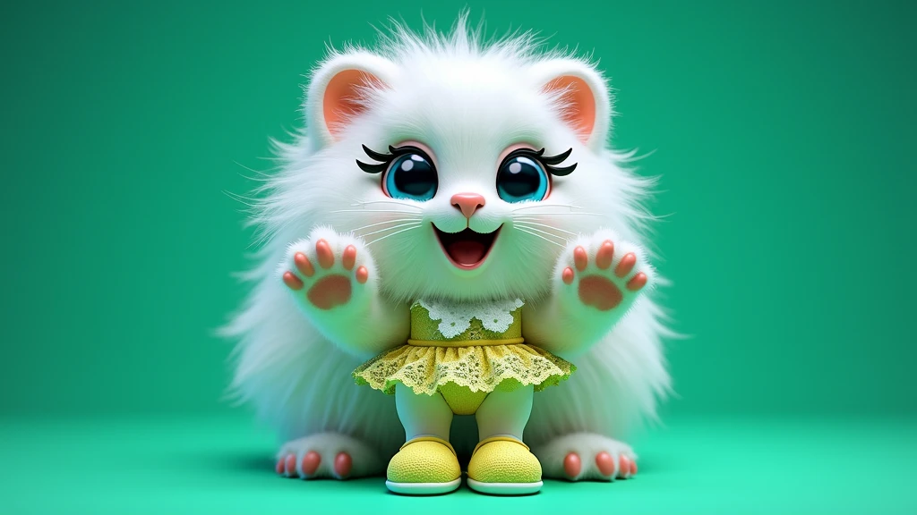full length,do not cut your head,plush very fluffy cat, White wool, like a stoat, Stands on its hind legs, in a yellow lace dress, yellow shoes, blue doll eyes with big eyelashes, smiles with open mouth, speaks, moves his paws, spreading out the sides, 3D стиль, 8k , 4K, HD, clean background, style, I guess, votive