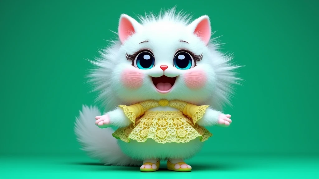 full length,do not cut your head,plush very fluffy cat, White wool, like a stoat, Stands on its hind legs, in a yellow lace dress, yellow shoes, blue doll eyes with big eyelashes, smiles with open mouth, speaks, moves his paws, spreading out the sides, 3D стиль, 8k , 4K, HD, clean background, style, I guess, votive