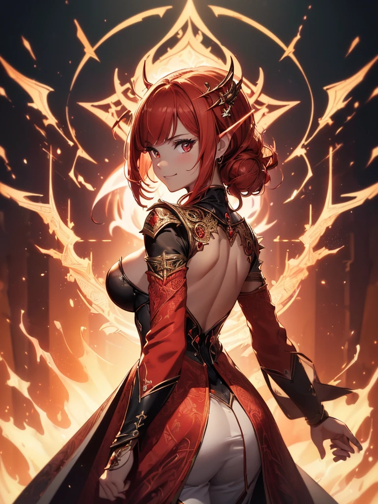 (((best quality, sharp image, clear image, cinematic lighting, 8k resolution, masterpiece, ultra detailed, intricate))) Girl, sorcerer, cute, intricate dress, smiling, fiery red, ((intricate background)), (rune frame), dimension, ((shot from behind)), fire sigils, chaotic background, ((half-body shot))