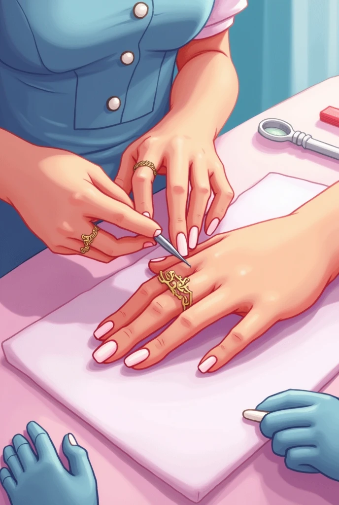 HAND OF A PERSON AND HAND OF A MANICURIST FIXING NAILS ANIMATED DRAWING WITH PINK AND BLUE COLORS AND IN WHICH THE MANICURE TOOLS CAN BE SEEN AS IF THEY WERE ON A TABLE WITH THEIR 5 FINGERS AND THAT THEIR FINGERS HAVE BEAUTIFUL NAILS WITH GOLD RINGS, that only one hand is seen









