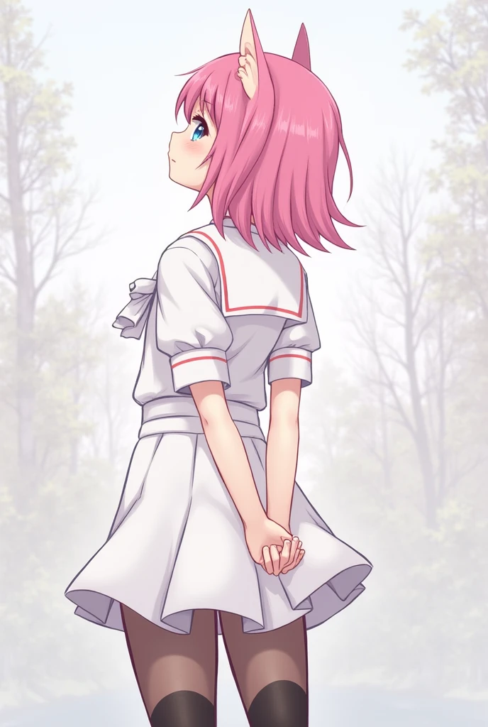 "Generate an illustration of a girl from behind, looking towards the horizon, with her hands positioned behind her. She has pink hair and her ears are pointed. She wears a white school uniform with a short skirt and transparent black stockings. The uniform includes a prominent bow, which can be placed in her hair, on her clothing, or any part of her body."