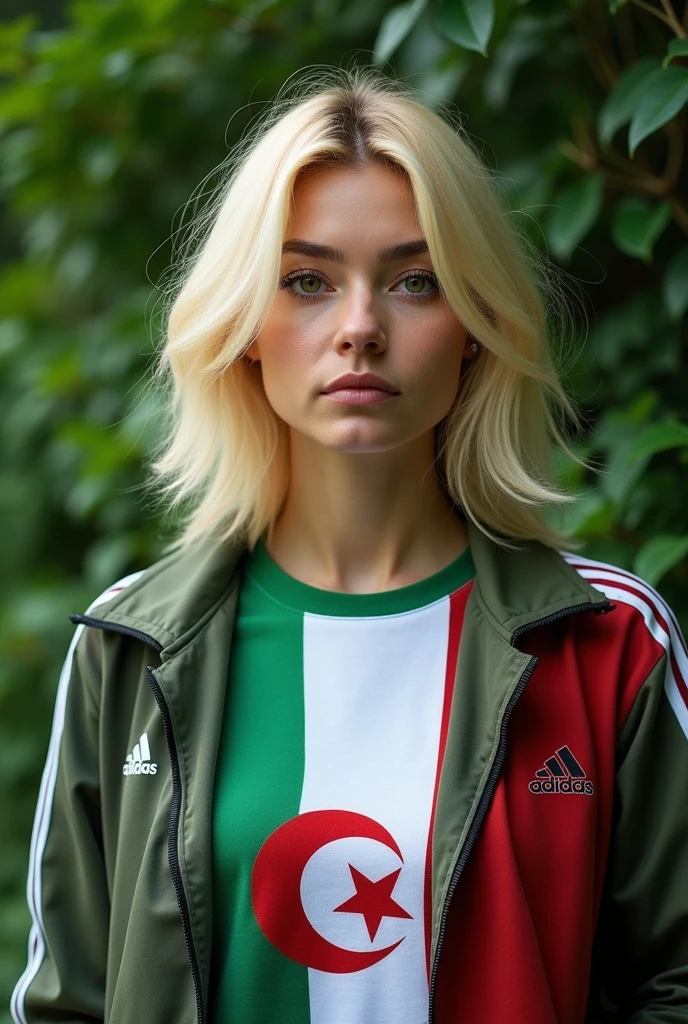 Close up, blonde woman . Wearing an Adidas coat, a T-shirt with the Algerian flag half white and half green, green nature background 