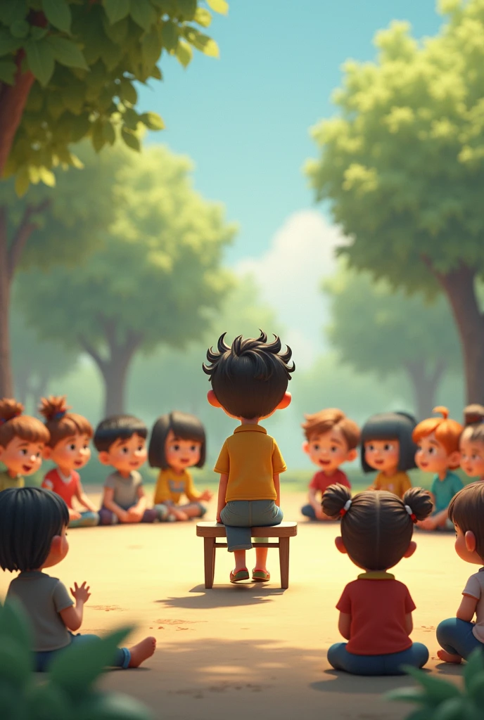 Circle of children sitting and one child standing in front of a chair 3d