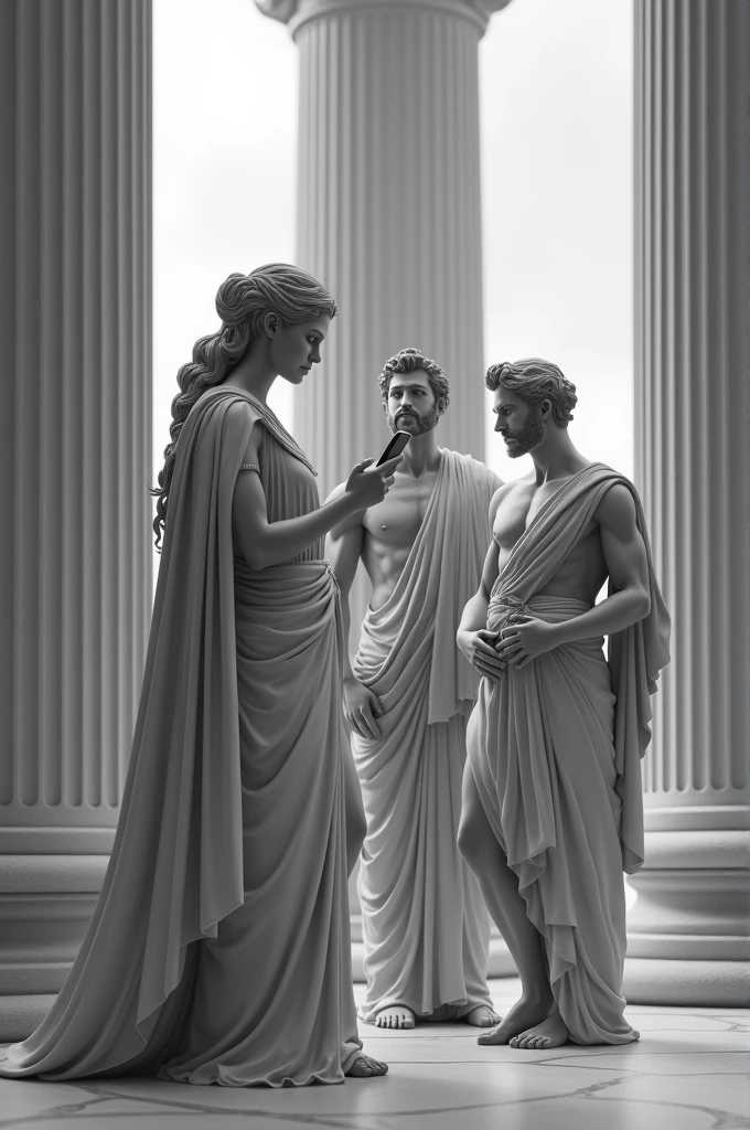 The goddess Minerva with a cell phone in her hand requesting a transportation service, the God Hercules and the goddess Aphrodite at his side waiting for the service, around them three columns, all this in grayscale