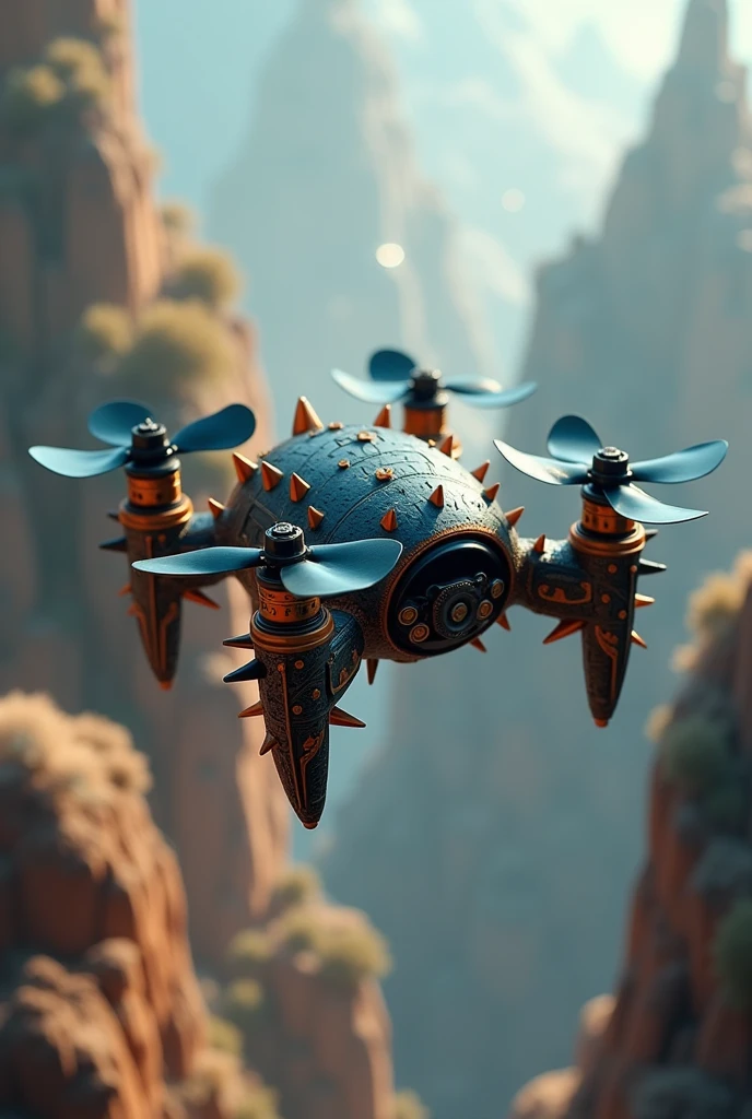 A small and aerial machine that is supported by four mini propellers and has spikes on its body.
