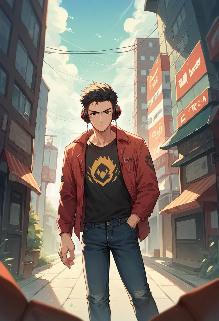 A man with black hair and black eyes, wearing a black shirt with a red dragon pattern, black jeans, a cool look, wearing wireless headphones, standing behind a building.