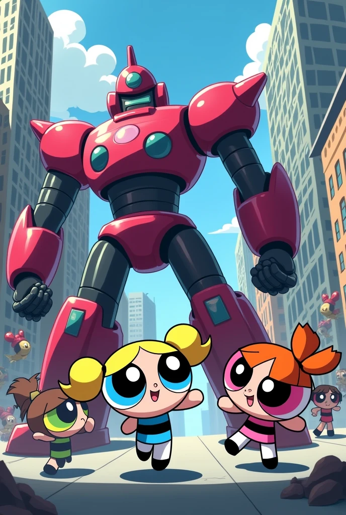 Blossom gives instructions to her sisters: Bubbles will distract the robot, Butter cup will try to disable it from inside, while she will search for the source of the robot's power.
His sisters obeying. The Orders, that is, Bubbles distracting the robot