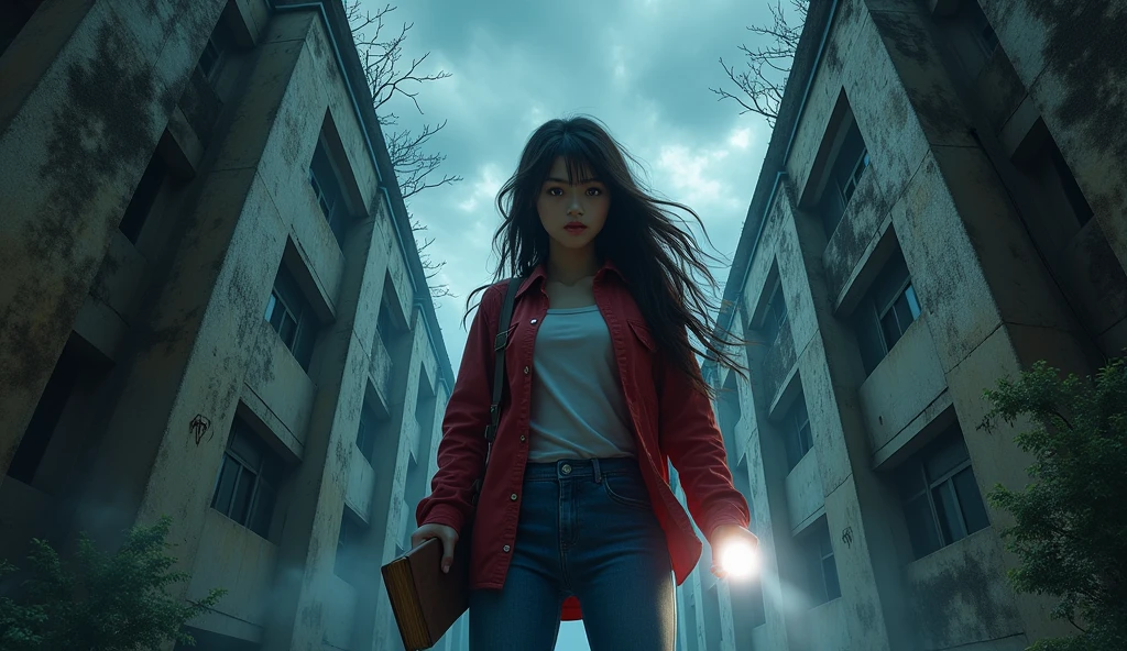 Create a mysterious and eerie cover for a story led 'Shadows of Mae Fah Luang.' The scene should feature an old, abandoned university building partially covered in vines, with broken windows that seem to watch the viewer. In the foreground, a young woman (Maya) in her early twenties, with a determined yet anxious expression, is holding a flashlight and an ancient book. The atmosphere is dark and suspenseful, with shadows creeping along the walls and the faint outline of a hidden staircase leading underground visible behind her. The sky above is overcast, with swirling clouds adding to the tension. Include subtle ghostly whispers and symbols etched into the walls, hinting at the mystery within. The titshould be prominently displayed at the top in a gothic-style font, with a subtitle below: 'An Untold Mystery of Mae Fah Luang.'" wearing red shirt jacket and blue jeans holding flashlight with long hair and beautiful