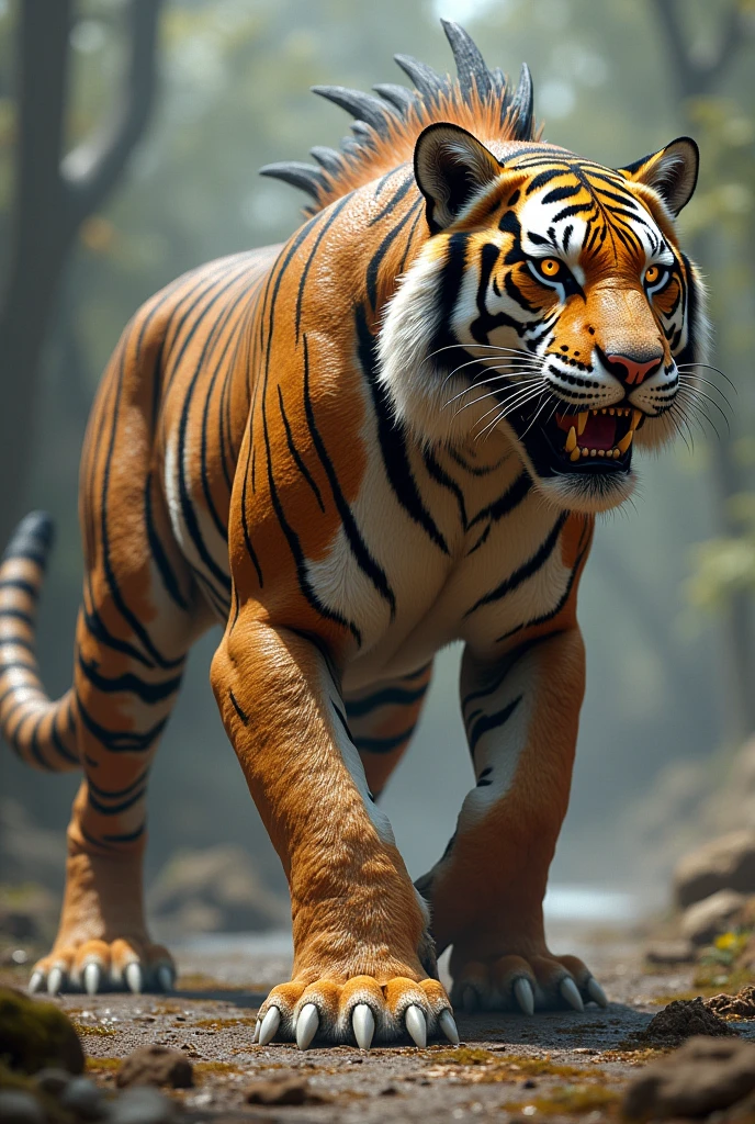 Imagine a creature with the sleek, powerful body of a tiger and the rugged, prehistoric features of a dinosaur. It has the muscular build and orange-and-black striped fur of a tiger, but its skin is tough and scaly like a dinosaur’s, with a few bony plates running down its back. Its head combines the sharp, predatory features of a tiger with the rugged, reptilian look of a dinosaur, including a set of small, curved horns. Its legs are strong and muscular, ending in claws that hint at its dinosaur ancestry. The overall impression is of a formidable, majestic beast that blends the grace of a tiger with the ancient strength of a dinosaur.
