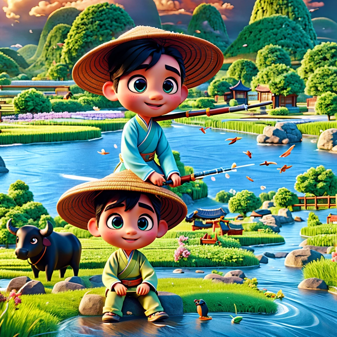 During the Qingming Festival, a gentle rain, an adorable Chinese boy in light-colored Hanfu and wearing a straw hat is sitting atop a black bull, playing a flute, reminiscent of characters from Pop Mart. They are in a field with a river, grasslands, and distant mountains, under a sky with circling birds, depicting vibrant spring life. The boy is rendered in a Disney Pixar style, with big, watery eyes and vivid colors. The scene uses ray tracing and octane rendering techniques for a wide-angle view, with clay-like textures and dynamic, animated lighting. This 3D artwork is created with C4D, OC rendering, and Blender, showcasing rich details and high quality.