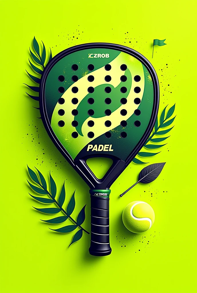 Padel T-shirt . 
With lemon green tones , green flag, black and white. 
With a dynamic design that contains padel elements. With space for the logo on the front left side . 
And space to leave logos on the back. 
That it has a padel racket on the front, unifying the design. 