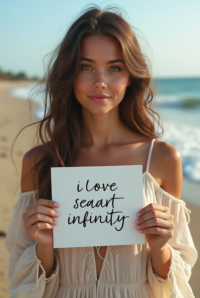 Beautiful girl with wavy long hair, bohemian dress, holding a white board with text "I Love Seaart Infinity" and showing it to the viewer