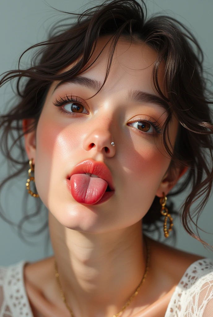 A woman with her tongue out and her eyes wide open
