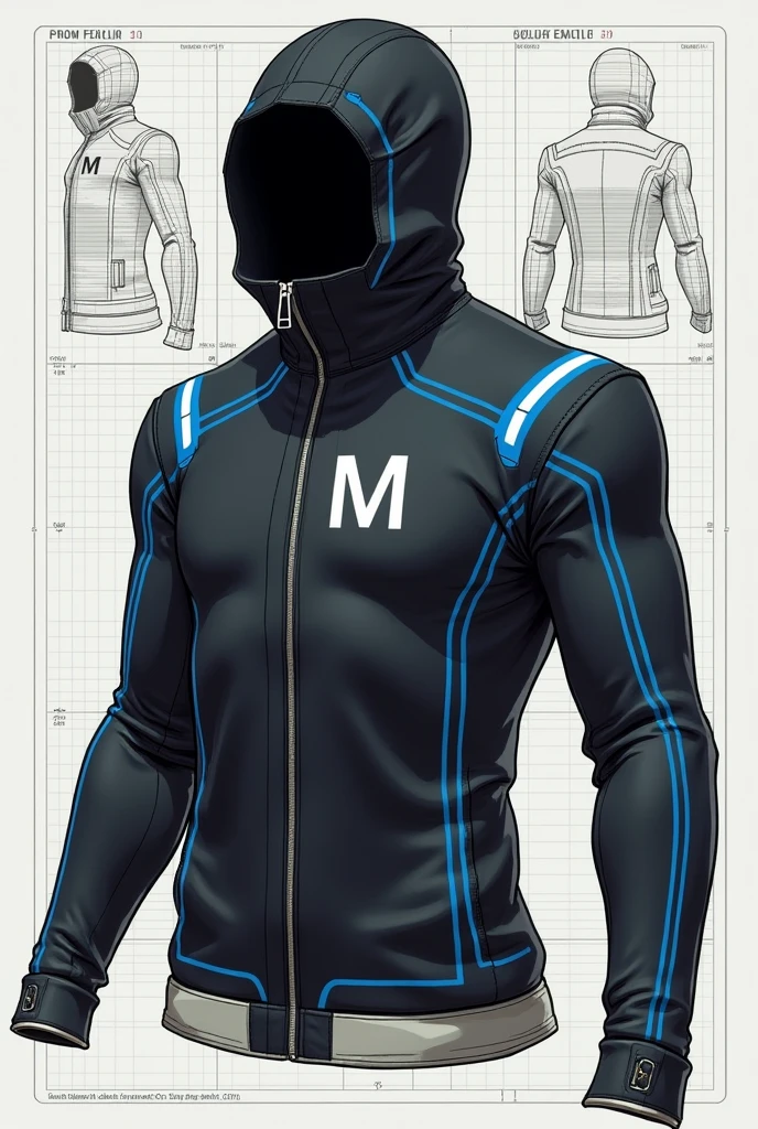 Create a technical illustration of a futuristic jacket with a tall collar. The design should be primarily black, making up 75% of the jacket, with 10% blue detailing along the shoulders and 15% white along the front zip and collar. Include a large, white letter 'M' on the left shoulder, with blue lines surrounding it. Display the jacket from multiple angles, using a grid layout to maintain a schematic feel. The illustration should focus on simplicity and technical precision, resembling a fashion blueprint