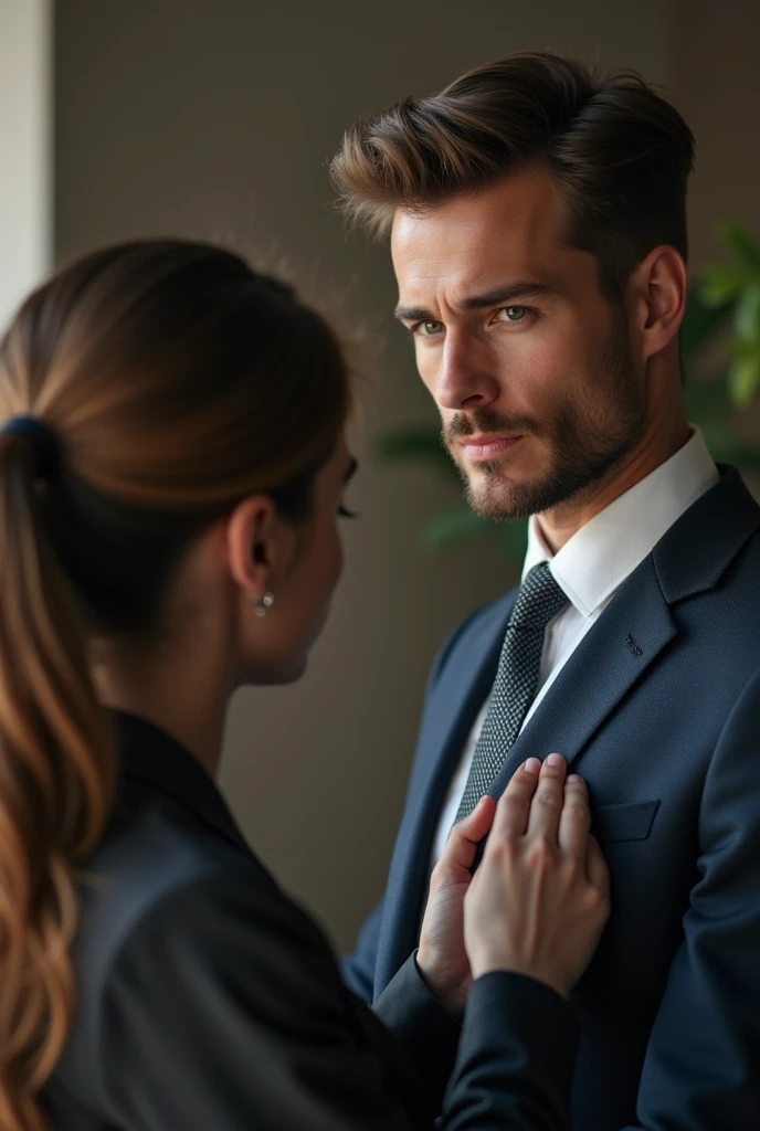 A very tall , handsome ceo man with a rude gaze staring down at beautiful
girl with a fair skin tone lawyer girl , and the girl is folding her hands and staring back at him angrily, the boy has clean shave face , and handsome features