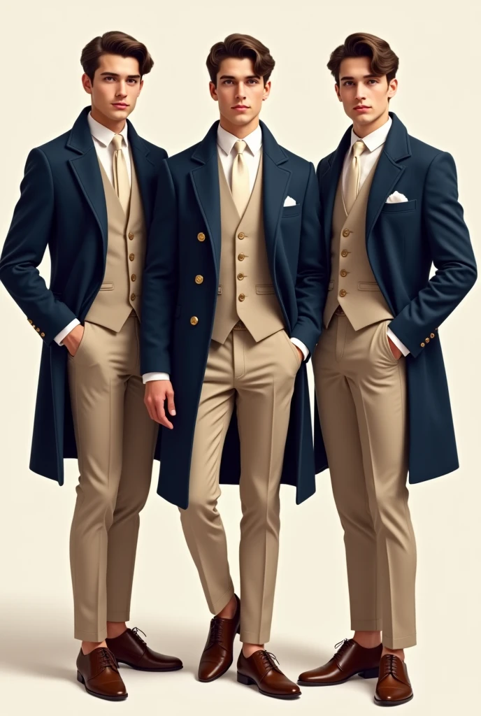 3 young man in dark blue coat, White shirt, beige pants and beige vest and brown shoes (elegant)