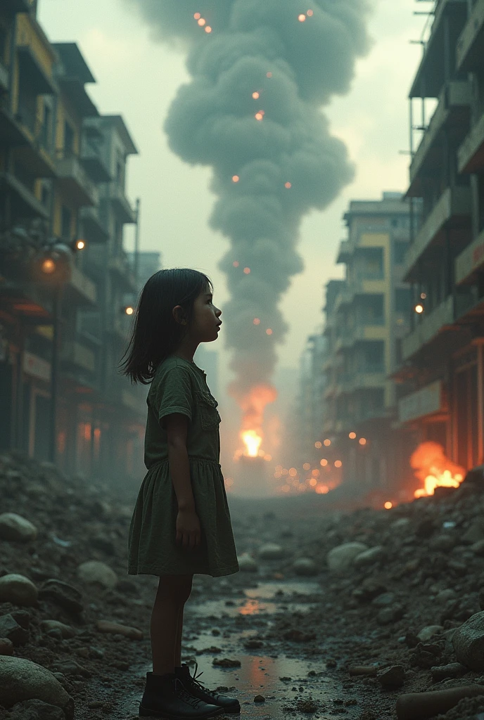 2024; (masterpiece, Highest quality) Destroyed city (Hanoi)A sad girl is looking up(close); Bombs falling from the sky.