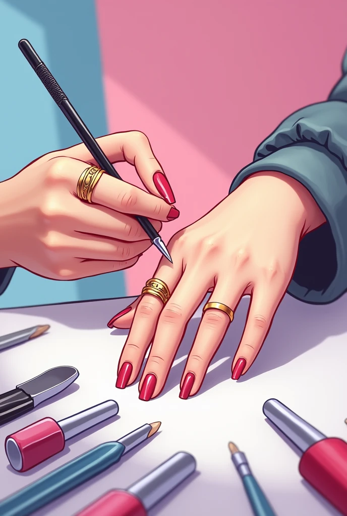 HAND OF A PERSON AND HAND OF A MANICURIST FIXING NAILS ANIMATED DRAWING WITH PINK AND BLUE COLORS AND IN WHICH THE MANICURE TOOLS CAN BE SEEN AS IF THEY WERE ON A TABLE WITH THEIR 5 FINGERS AND THAT THEIR FINGERS HAVE BEAUTIFUL NAILS WITH GOLD RINGS, that only one hand is seen, that has very good lighting for a nail logo