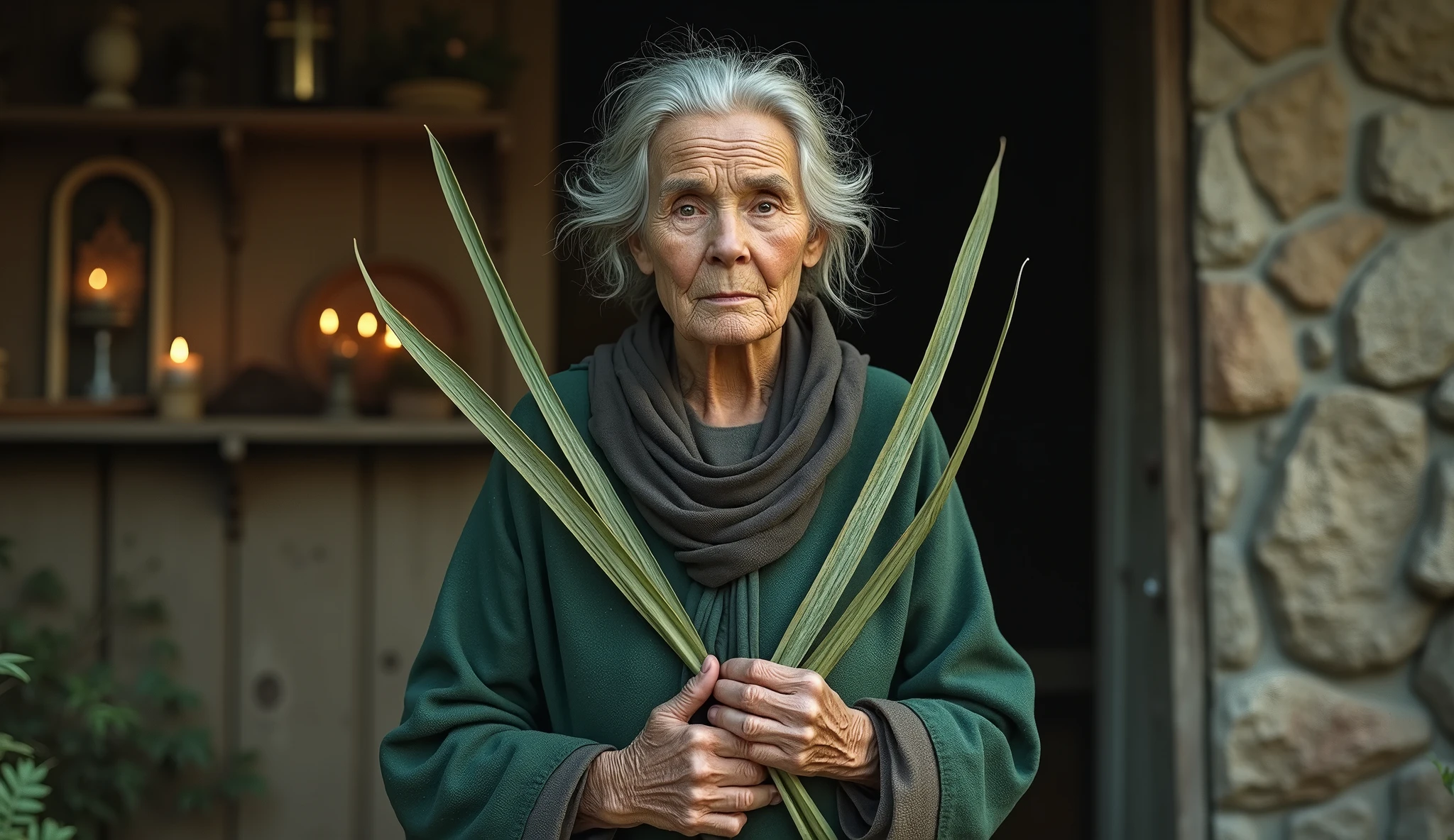 ultra realistic elderly woman healer with two long plants in the shape of thin spears, crossing like an x in front of your chest. The plant is green with medium green and dark green stripes throughout.. In the background, a house with a shelf with saints and lit candles.. convey depth.