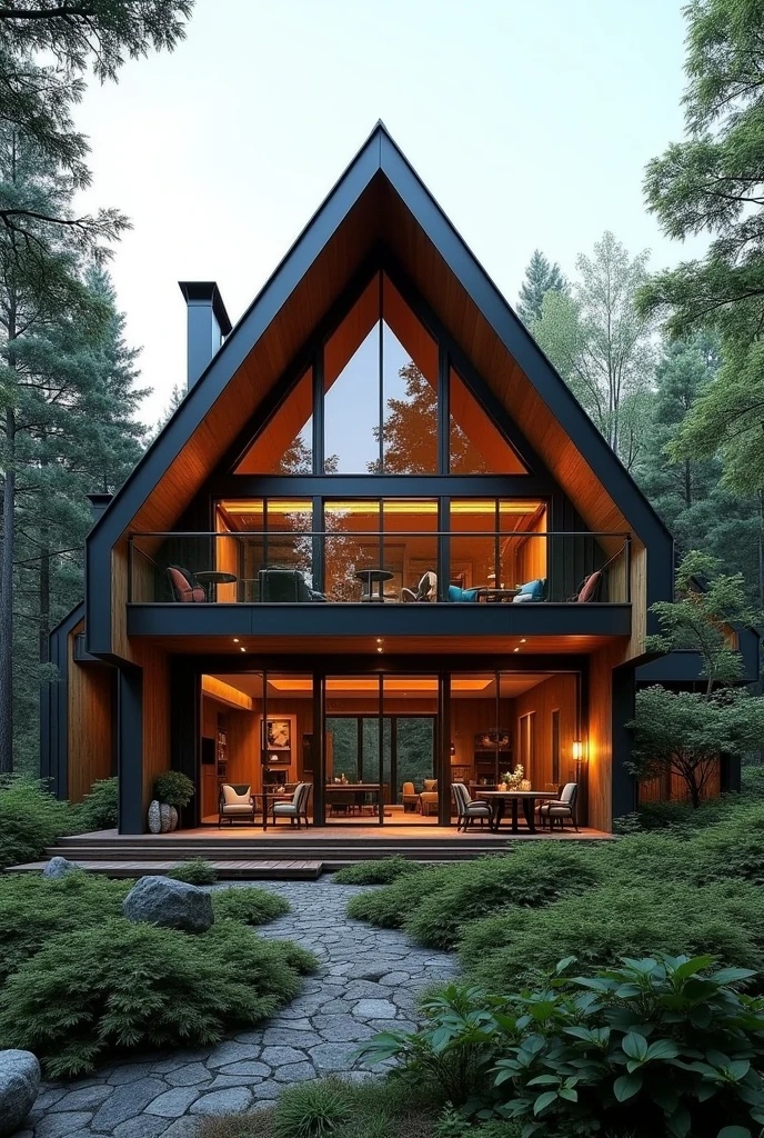 Generate me a cabin with lots of glass and a balcony Gable roof 
