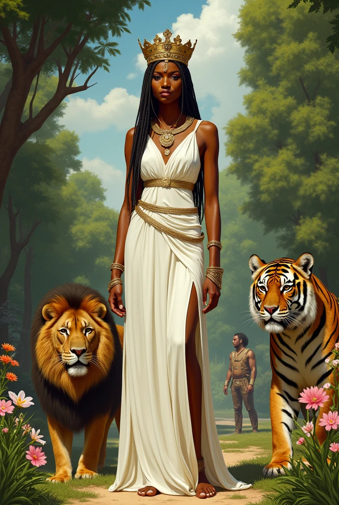 Ethiopian Queen Saba, her skin is more light, her outfit like white cotton dress, her crown like king Solomon, full body, lion and tiger, garden,guard, she is tall.