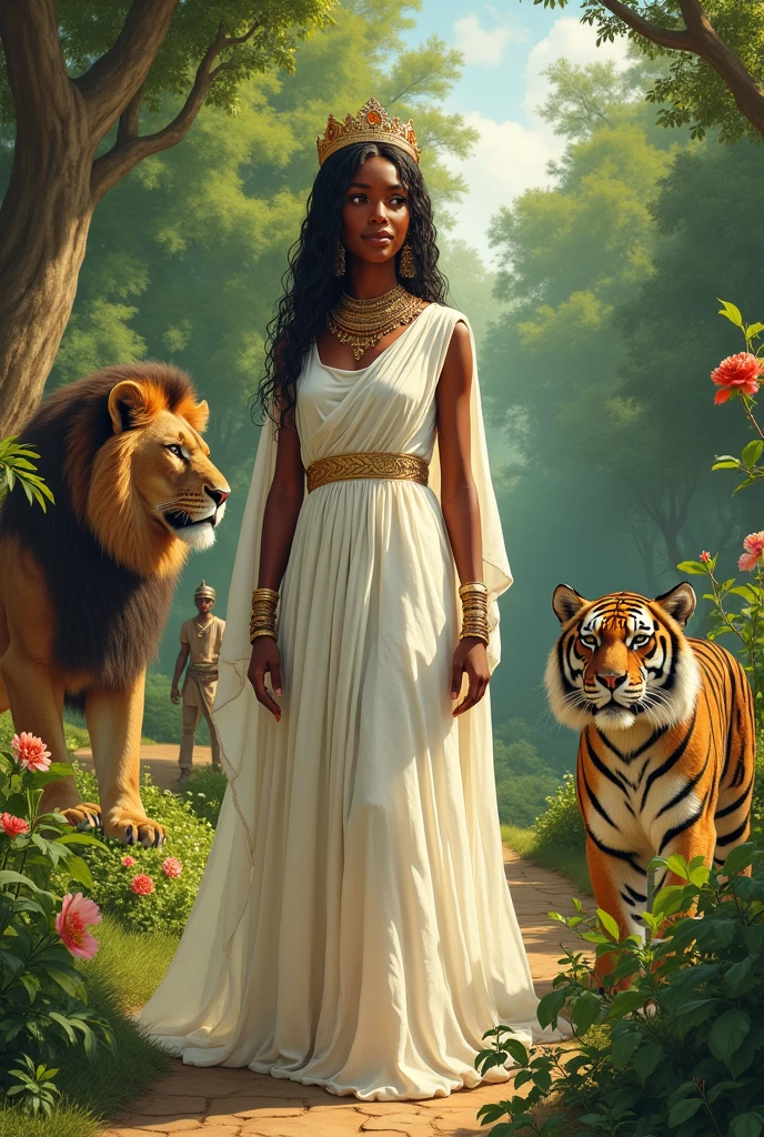 Ethiopian Queen Saba, her skin is more light, her outfit like white cotton dress, her crown like king Solomon, full body, lion and tiger, garden,guard, she is tall.