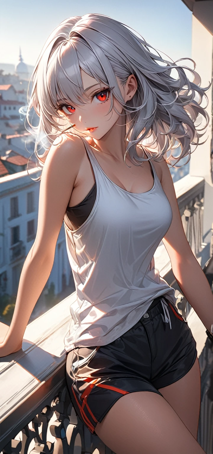Ultra high resolution, rich colors, perfect image, top quality, detailed image, beautiful woman, glowing skin, skin and clothing texture, delicate eyes, morning, balcony, leaning on arm, smoking a cigarette, tank top, shorts, long silver hair, red eyes