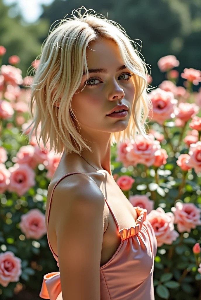 8 K, RAW photo, Fujifilm, stylish photo of a beautiful young woman dressed as Avril in a garden of light pink roses (very detailed skin: 1.2) Style-Petal BREAK короткие волосы, blonde hair with colored streaks, in a dress, film granulation, 35 mm, cute style