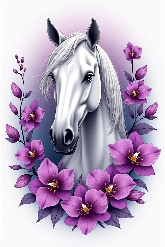 I want a unique and exclusive small tattoo design, that it be a white horse between grey fur with orchids and gardenias around the color of the flowers be a violet color the tattoo be linear and in color