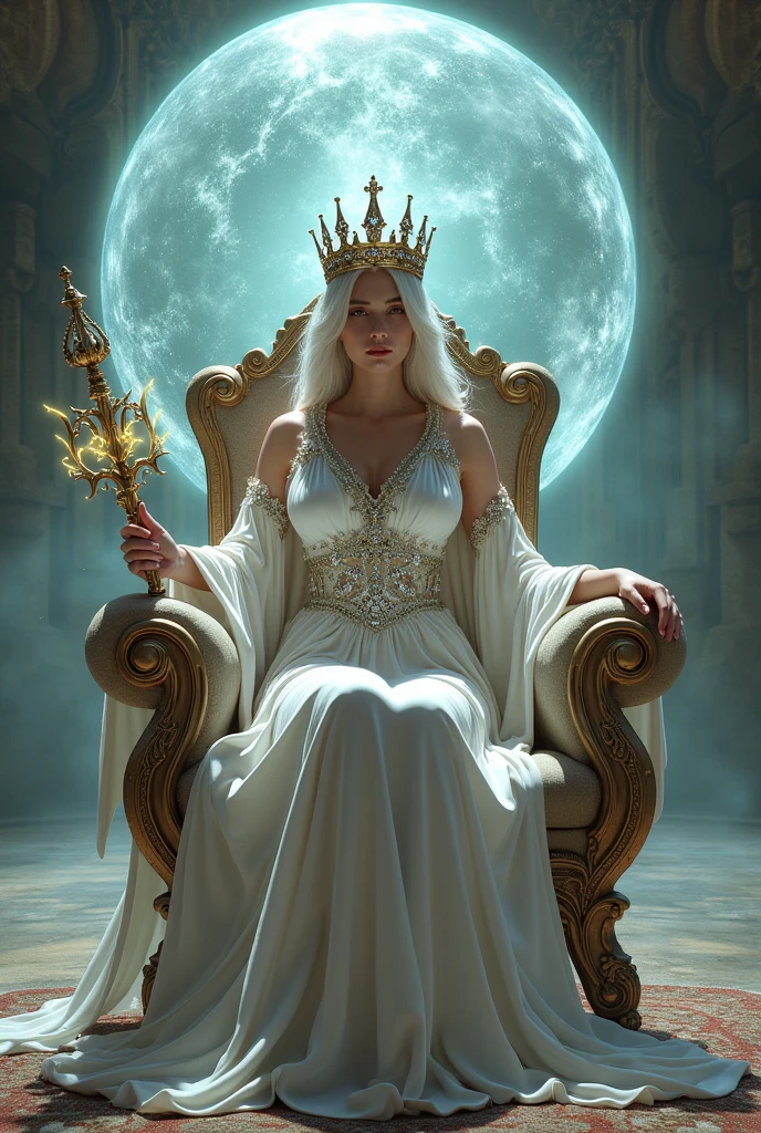 a man dressed as a sorceress, long white robe. with a setro in her hand, with her crown on her head, perched on a beautiful throne, behind her she has a portal open to another dimension.