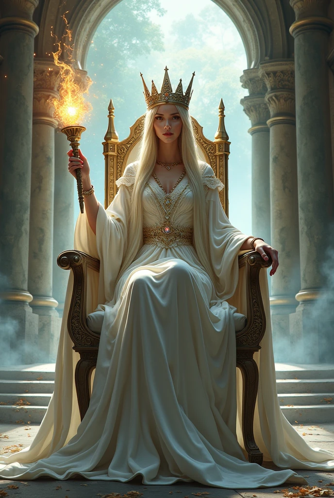 a man dressed as a sorceress, long white robe. with a setro in her hand, with her crown on her head, perched on a beautiful throne, behind her she has a portal open to another dimension.