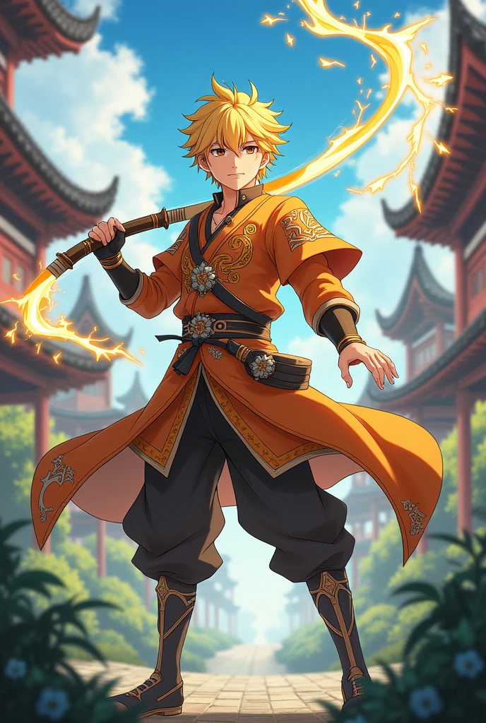 Young man, Yellow hair, Guardian Wizard Clothes, Thunder Knight, with a thunder whip weapon, oriental clothes, 2d illustration. Genshin impact style quality.
