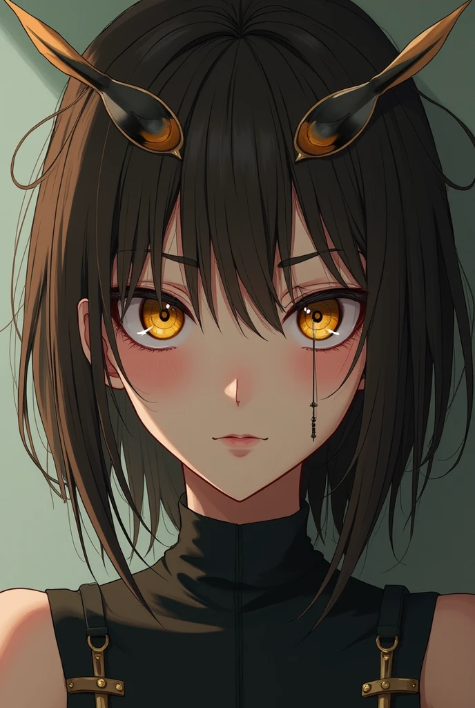 Cockroach girl with 20 years, black eyes with yellow irises, beautiful, Brown hair, defiant look, unattractive anime type