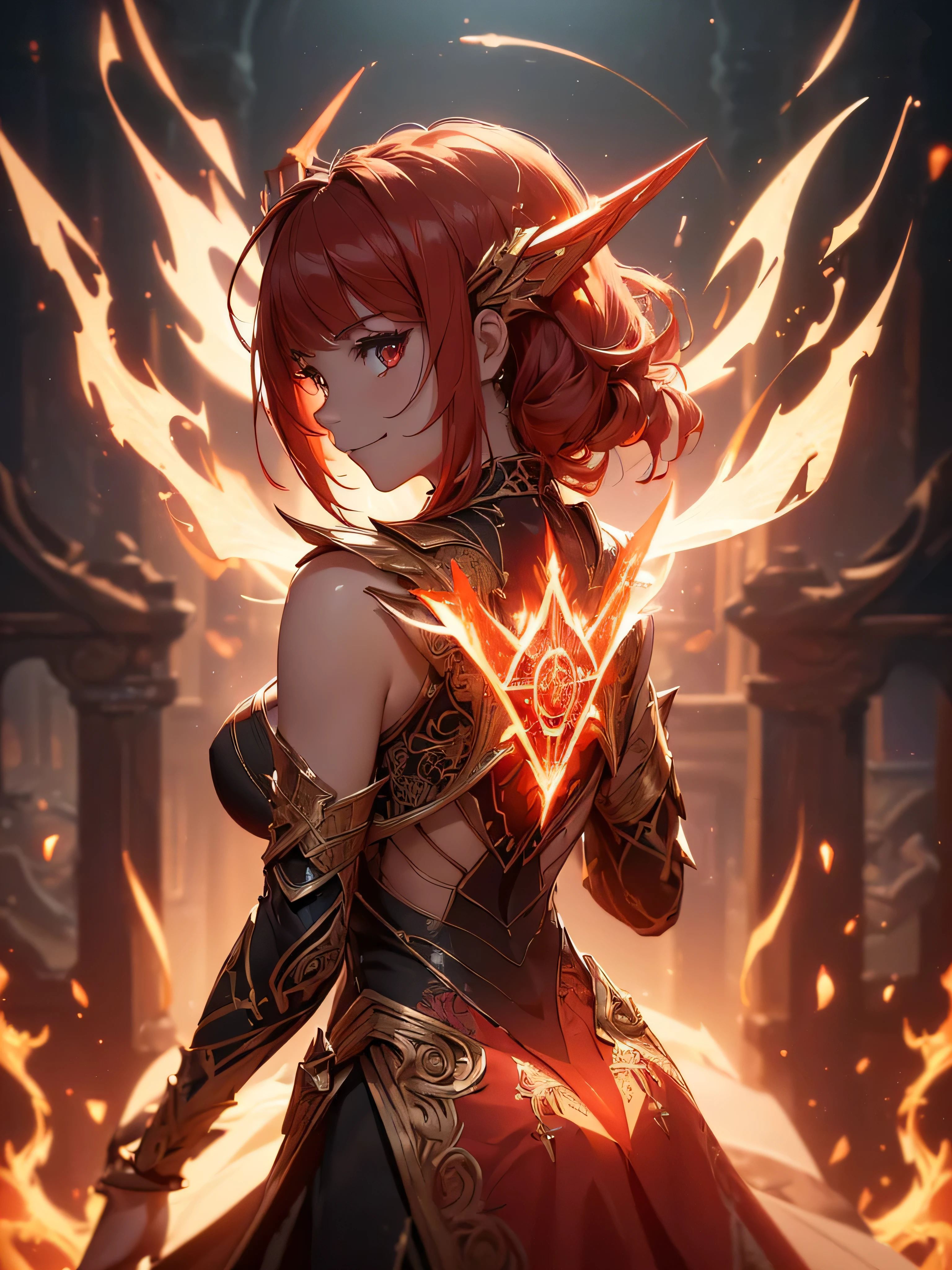 (((best quality, sharp image, clear image, cinematic lighting, 8k resolution, masterpiece, ultra detailed, intricate))) Girl, sorcerer, cute, intricate dress, smiling, fiery red, ((intricate background)), (rune frame), dimension, ((shot from behind)), fire sigils, chaotic background, ((half-body shot))