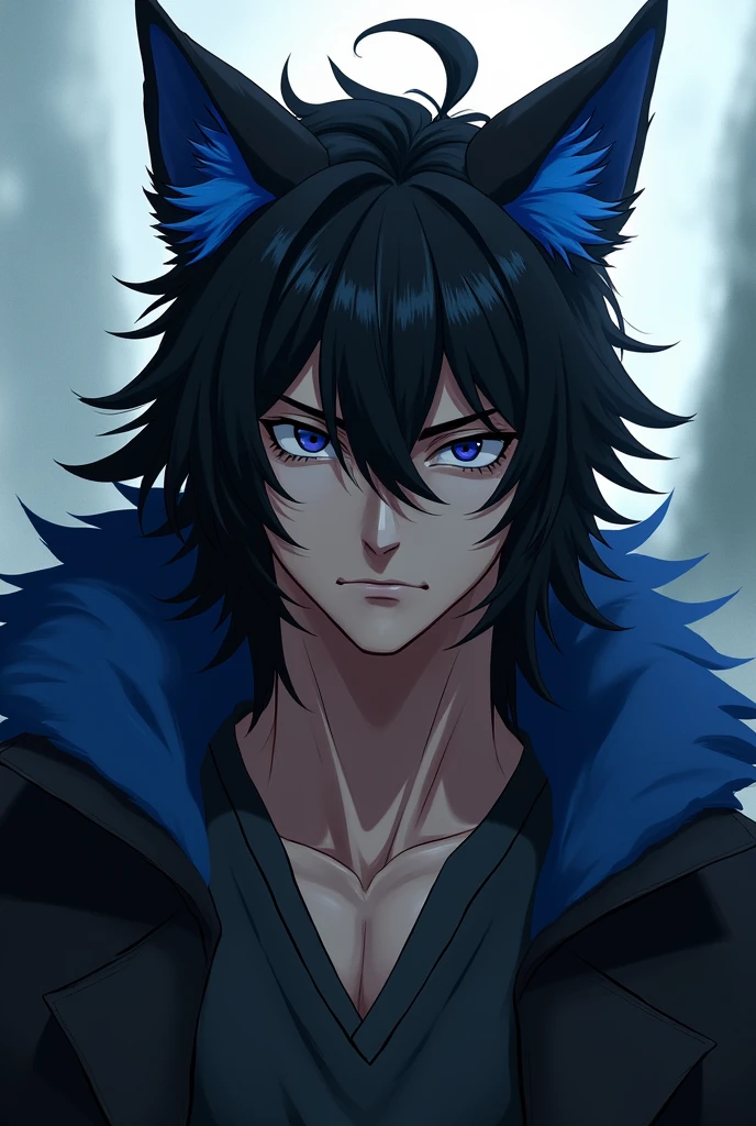 Anime man,masculine ,with wolf ears,and navy blue fur on inner parts of ears,with black hair