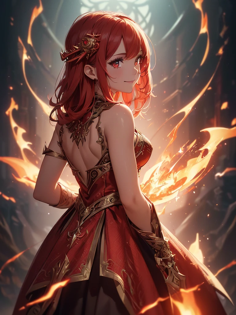(((best quality, sharp image, clear image, cinematic lighting, 8k resolution, masterpiece, ultra detailed, intricate))) Girl, sorcerer, cute, intricate dress, smiling, fiery red, ((intricate background)), (rune frame), dimension, ((shot from behind)), fire sigils, chaotic background, ((half-body shot))