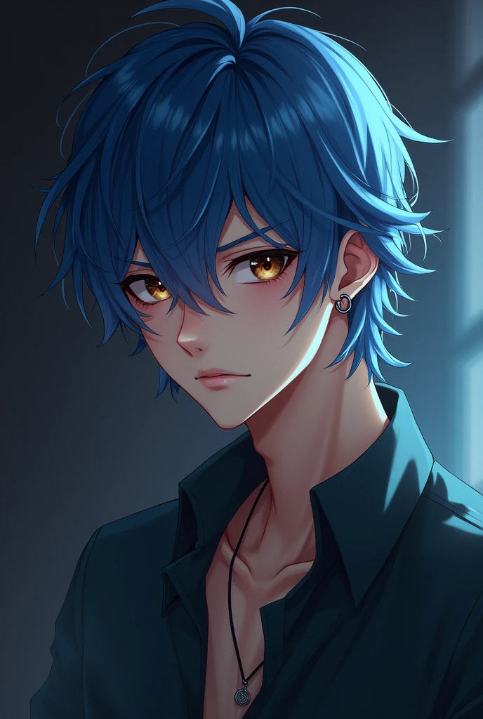 Create me a high quality male twitch profile picture with blue, medium length, tousled hair, brown eyes and an anime-style septum. The background is dark.