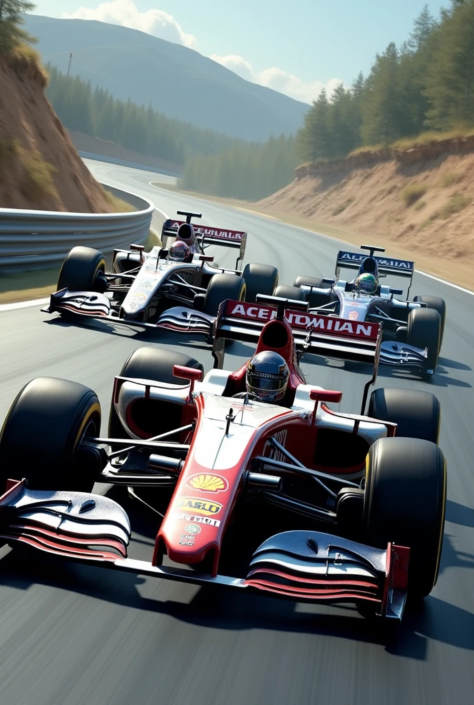 captain america driving his F1 car, behind him punisher driving his F1 car