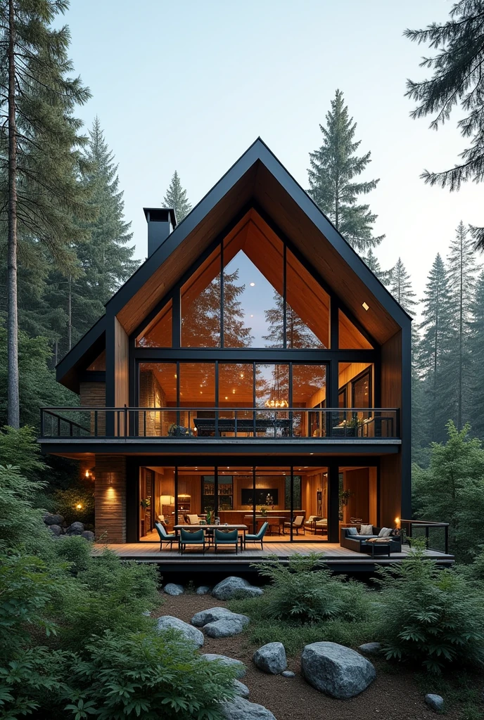 Generate me a cabin with lots of glass and a balcony Gable roof