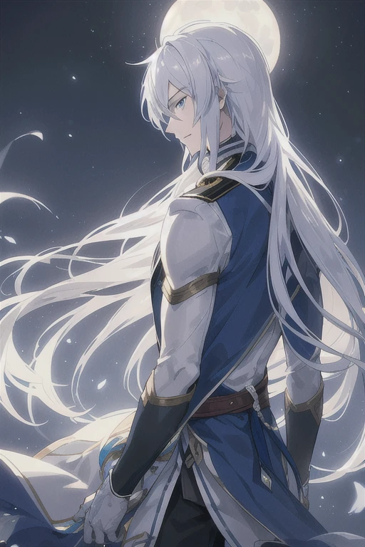 A young man backlit by the moonlight. Silver-haired young man, male in his 20s, long hair, profile, late night, moonlight, bluish impression, Arabian, beautiful young man