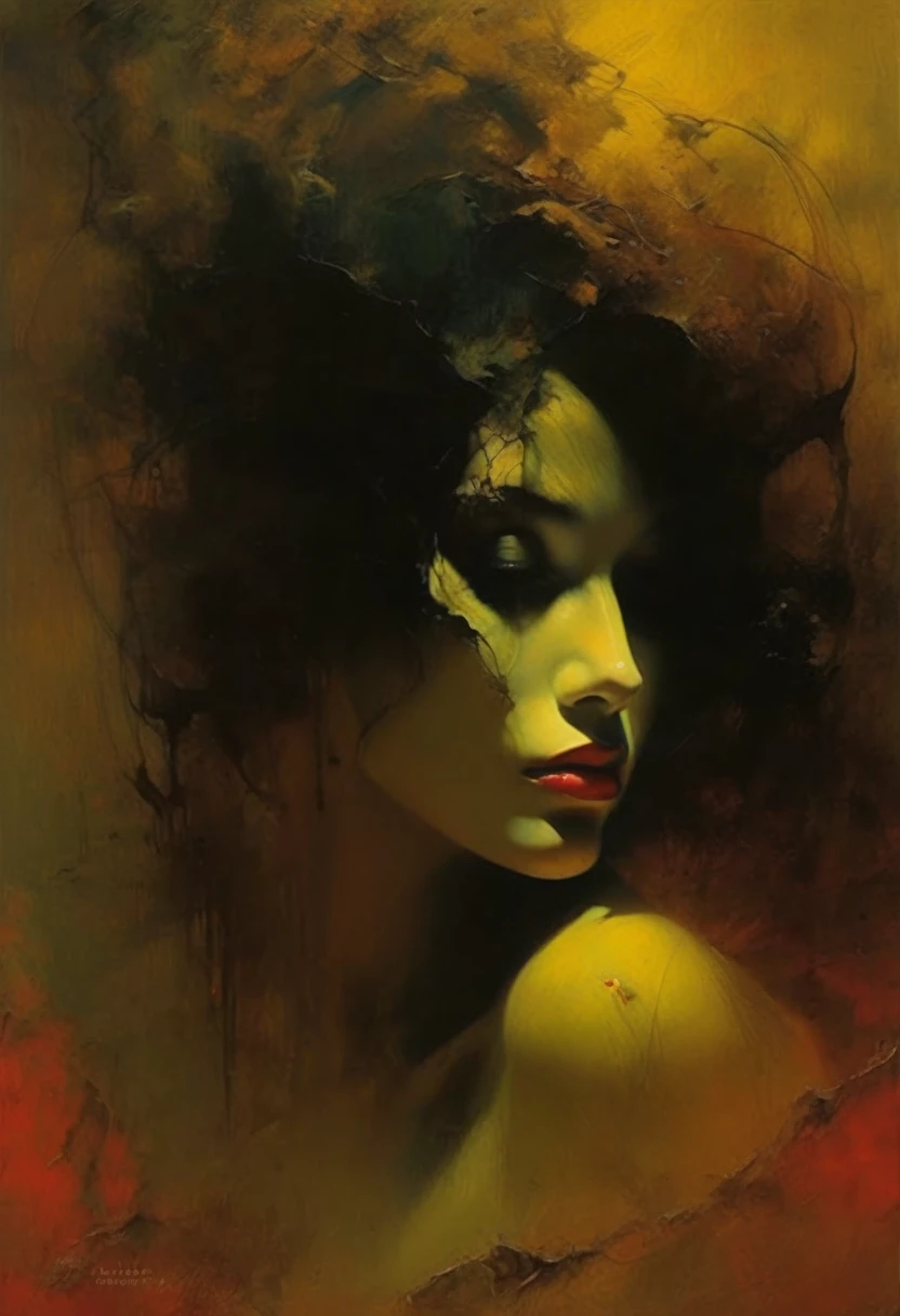 oil painting, chiaroscuro, sensual, dramatic lighting, moody atmosphere, dark and brooding, expressionistic, powerful composition, emotional impact, Bill Sienkiewicz inspired art
