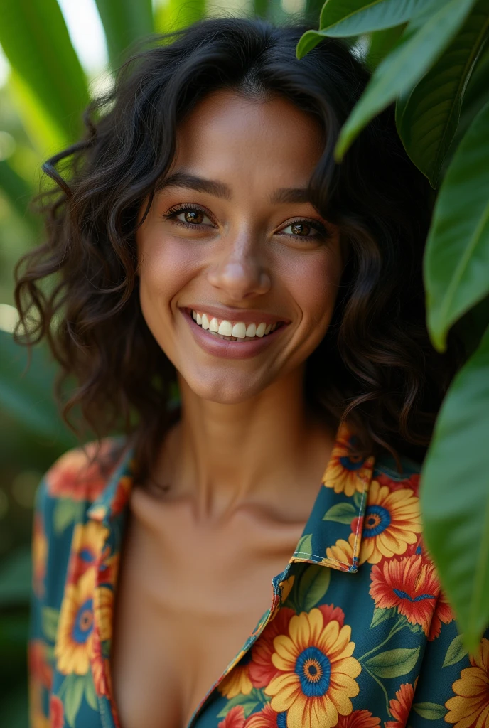 A Brazilian woman in a lush tropical garden, wearing an open shirt with a floral print, with a close-up capturing the harmonious beauty between her breasts and the natural flowers, showing off your natural charm and outgoing personality.