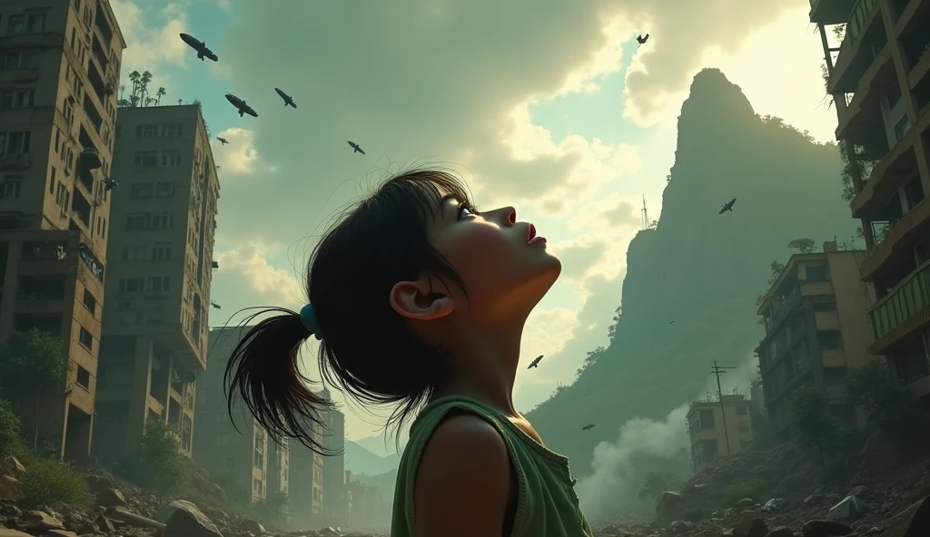 2024; (masterpiece, Highest quality) Destroyed city (Rio de Janeiro)A sad girl is looking up(close); Bombs falling from the sky.