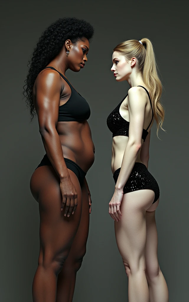 Black muscular woman confronts weak and scared skinny white woman wearing black sequins mini skirt and black push up bra 