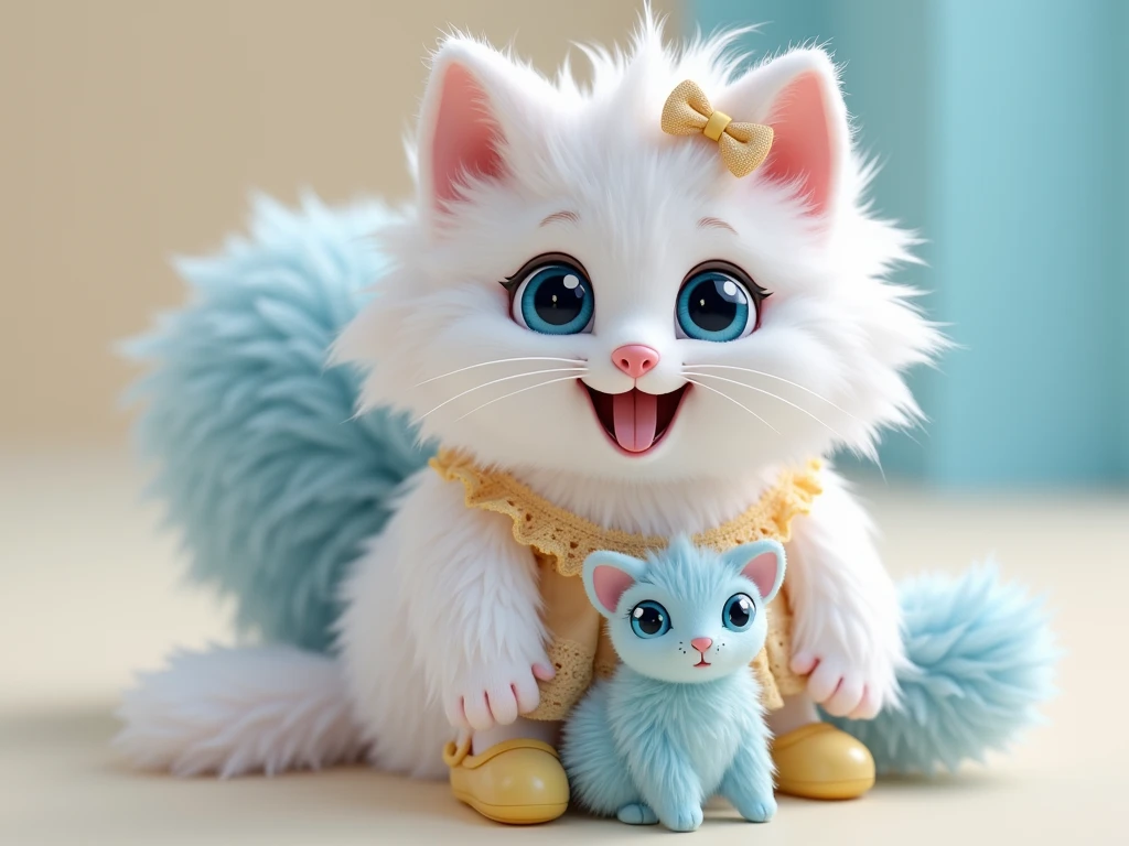  full length,do not cut your head,plush very fluffy cat, White wool, like a stoat, Stands on its hind legs, in a yellow lace dress, yellow shoes, blue doll eyes with big eyelashes, smiles with open mouth, speaks, moves his paws, spreading out the sides, 3D стиль, 8k , 4K, HD, clean background, style, I guess, votive